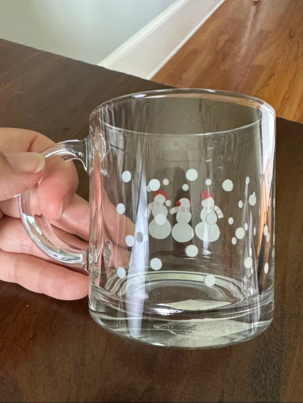 Set/4 Crate & Barrel Festive Snowman Glass Mugs, Clear w/ White and Red Accents